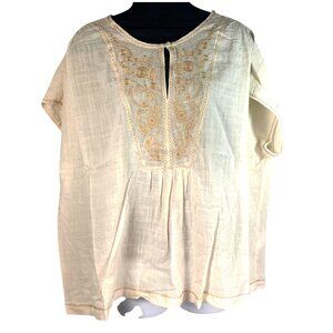 Max Studio Embroidered Short Sleeve Top 1X Antique White w Khaki Blooms NWT